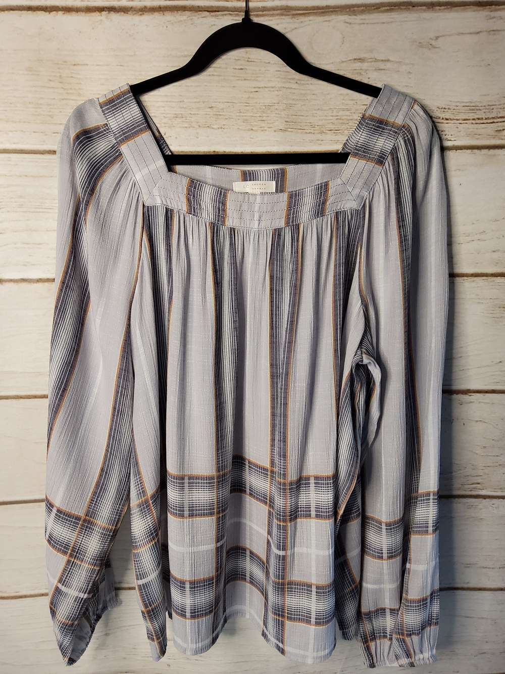 LC Lauren Conrad Light Blue Plaid Square-Neck Blouse